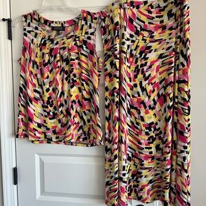 Kasper Pink, Yellow & Black Abstract Print Skirt Set